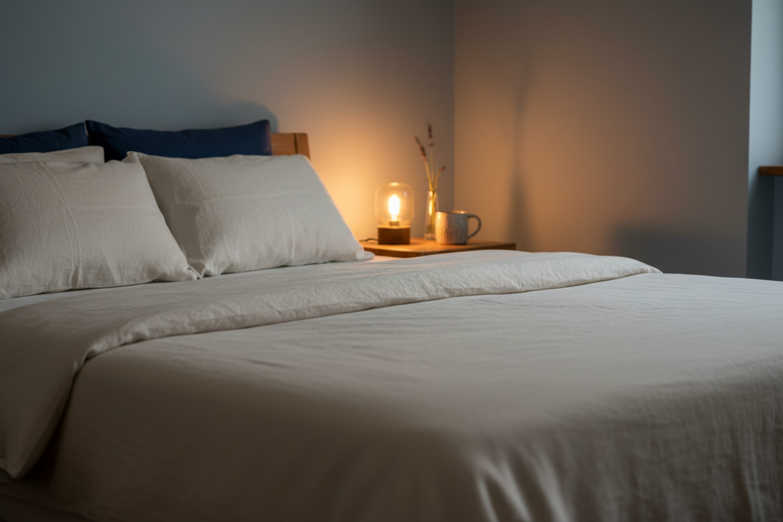 A calm nighttime bedroom scene with soft ambient lighting, neutral bedding, a warm bedside lamp, a closed book, and gentle moonlight creating a peaceful sleep ritual atmosphere.