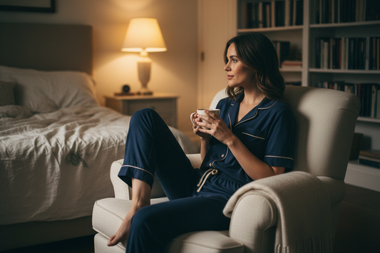 Woman winding down at night in a softly lit bedroom wearing navy blue matching pajamas