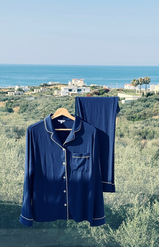 Navy Moon and Mare Nocturne pajama set overlooking the Mediterranean Sea in Greece