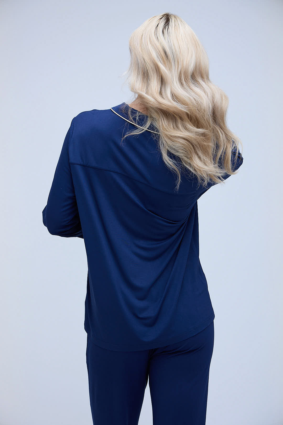 Back view of the Moon & Mare Nocturne Set in navy, showing the relaxed top fit and soft drape of the fabric.