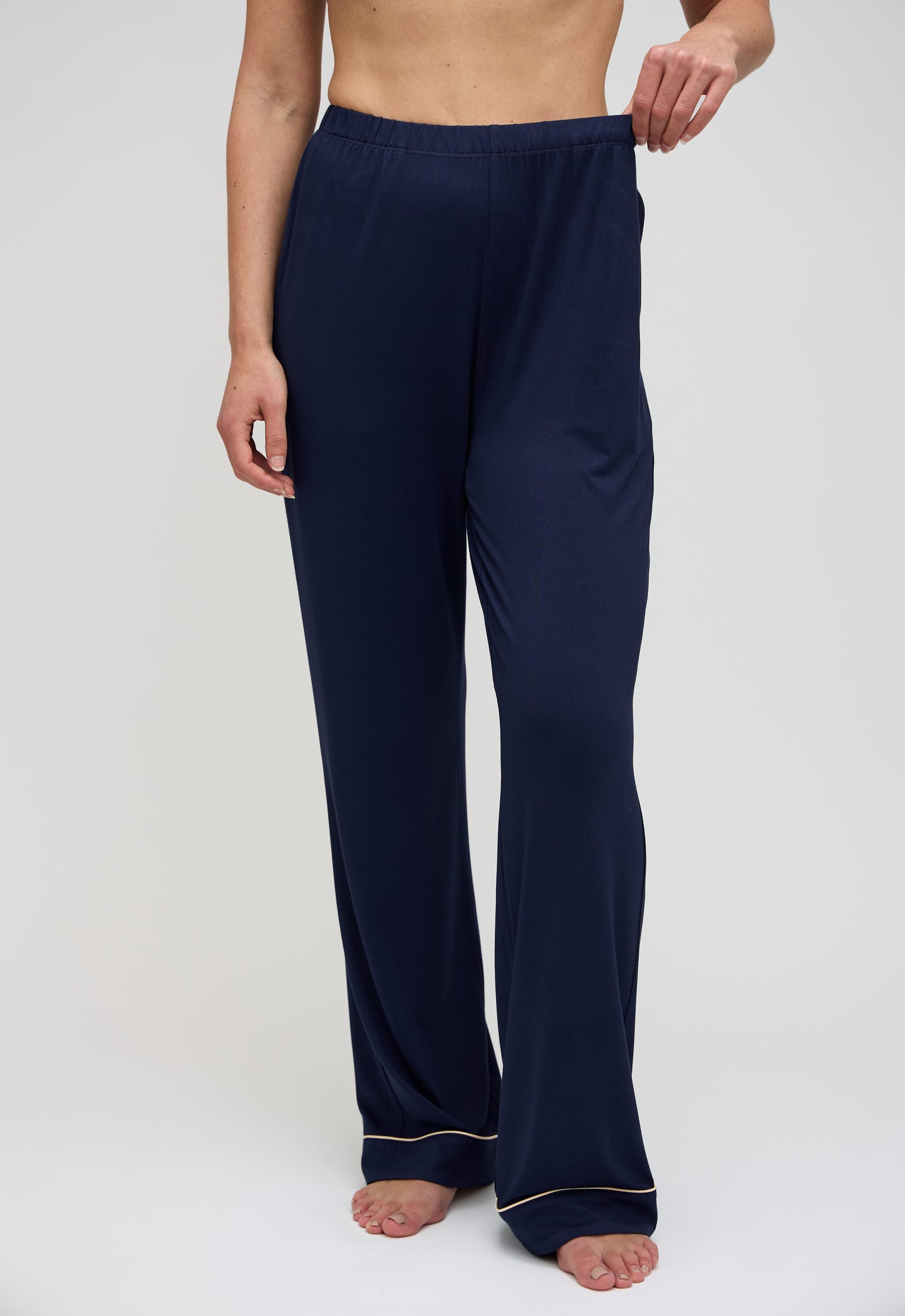 Navy pajama pants with elastic waistband and relaxed fit